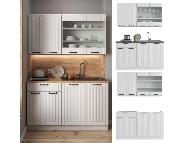 Vicco Fame-Line Singleküche Weiß Landhaus/Weiß 140 cm ohne Arbeitsplatte ohne E-Geräte