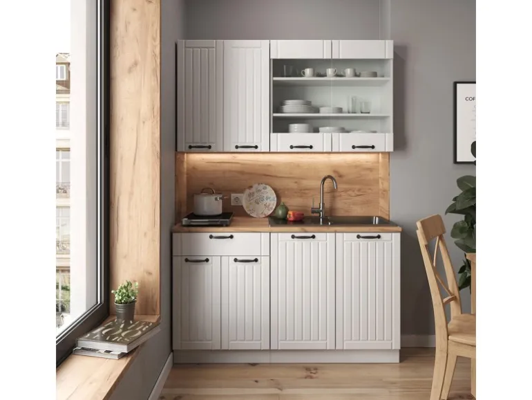 Vicco Fame-Line Singleküche Weiß Landhaus/Weiß 140 cm ohne Arbeitsplatte ohne E-Geräte