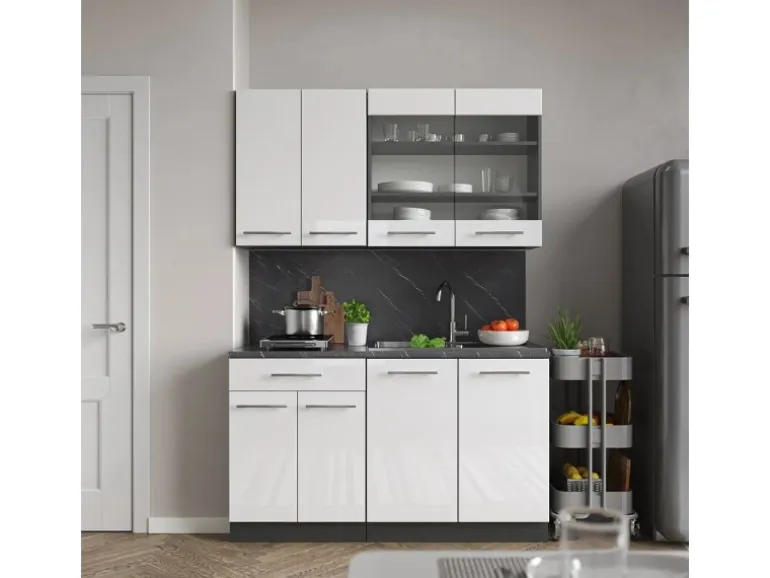 Vicco Fame-Line Singleküche Weiß Hochglanz/Anthrazit 140 cm AP Anthrazit ohne E-Geräte