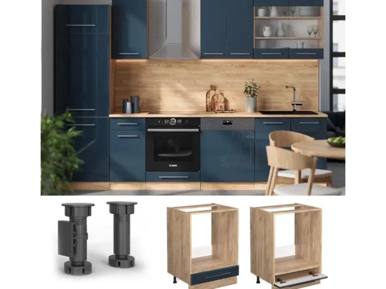 Vicco Herdumbauschrank Fame-Line Dunkelblau Hochglanz/Goldkraft Eiche 60 cm ohne Arbeitsplatte