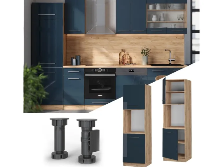 Vicco Herdumbauschrank Fame-Line Dunkelblau Hochglanz/Goldkraft Eiche 60 cm Offen