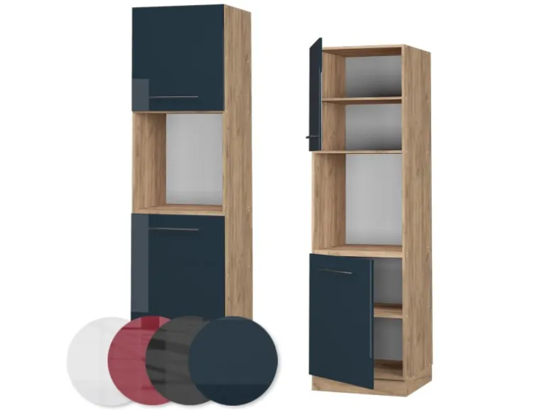 Vicco Herdumbauschrank Fame-Line Dunkelblau Hochglanz/Goldkraft Eiche 60 cm Offen