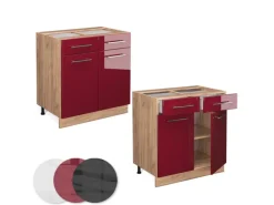 Vicco Küchenunterschrank Fame-Line Bordeaux Hochglanz/Goldkraft Eiche 80 cm AP Eiche