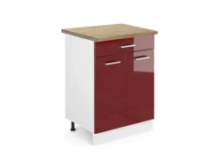 Vicco Küchenunterschrank R-Line Bordeaux Hochglanz/Weiß 60 cm mit Schublade AP Eiche