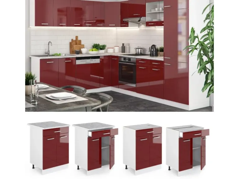 Vicco Küchenunterschrank R-Line Bordeaux Hochglanz/Weiß 60 cm mit Schublade AP Eiche