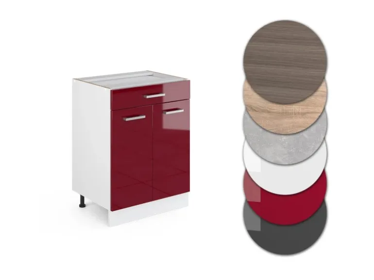 Vicco Küchenunterschrank R-Line Bordeaux Hochglanz/Weiß 60 cm mit Schublade AP Eiche
