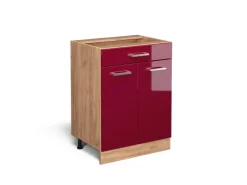 Vicco Küchenunterschrank R-Line Bordeaux Hochglanz/Goldkraft Eiche 60 cm mit Schublade ohne Arbeitsplatte