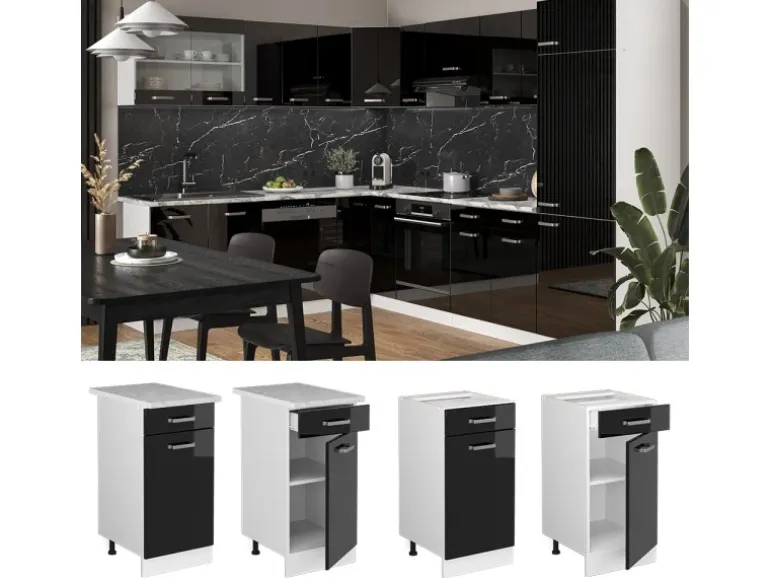 Vicco Küchenunterschrank R-Line Schwarz Hochglanz/Weiß 40 cm AP Marmor