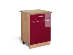Vicco Küchenunterschrank R-Line Bordeaux Hochglanz/Goldkraft Eiche 60 cm mit Schublade AP Eiche