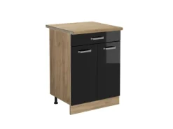 Vicco Küchenunterschrank R-Line Schwarz Hochglanz/Goldkraft Eiche 60 cm mit Schublade AP Eiche