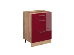 Vicco Küchenunterschrank R-Line Bordeaux Hochglanz/Goldkraft Eiche 60 cm mit Schubladen ohne Arbeitsplatte