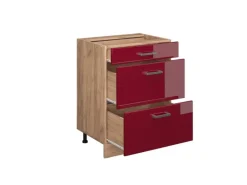 Vicco Küchenunterschrank R-Line Bordeaux Hochglanz/Goldkraft Eiche 60 cm mit Schubladen ohne Arbeitsplatte