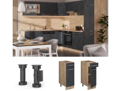 Vicco Küchenunterschrank R-Line Schubladenschrank für die Küche Schwarz Beton 30 cm AP Eiche mit Goldkraft Eiche Korpus