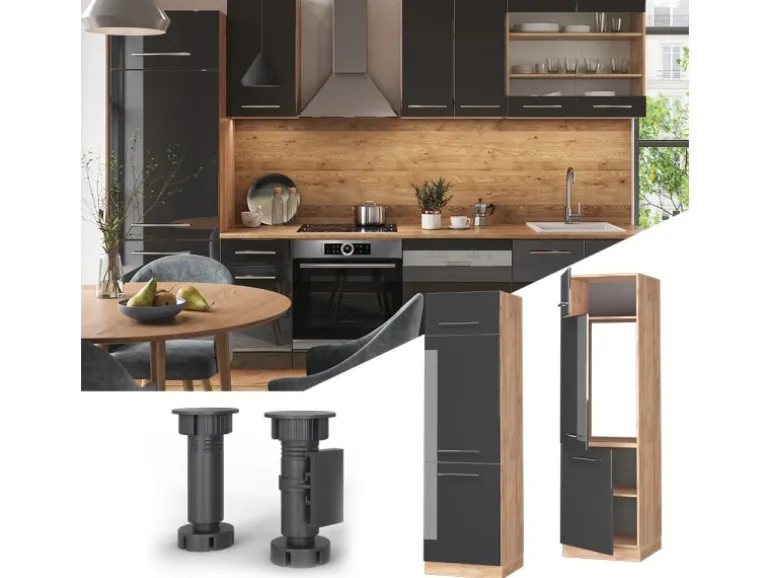 Vicco Kühlumbauschrank Fame-Line Anthrazit Hochglanz/Goldkraft Eiche 60 cm