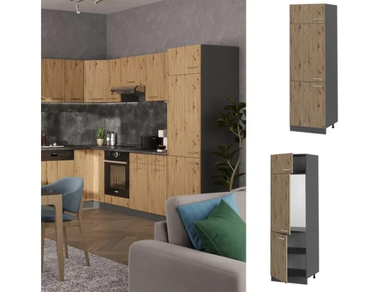 Vicco Kühlumbauschrank R-Line Hochschrank für die Küche Artisan-Eiche/Anthrazit 60 cm