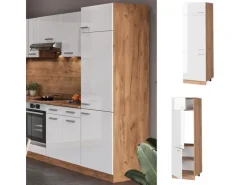 Vicco Kühlumbauschrank R-Line Hochschrank für die Küche Weiß Hochglanz/Goldkraft Eiche 60 cm