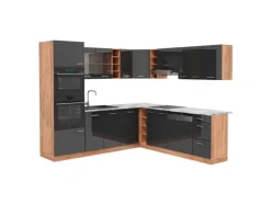 Vicco R-Line Eckküche Anthrazit Hochglanz/Goldkraft Eiche 237 x 247 cm AP Marmor ohne E-Geräte