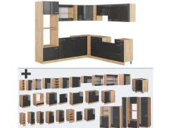 Vicco R-Line Eckküche Anthrazit Hochglanz/Goldkraft Eiche 237 x 247 cm AP Marmor ohne E-Geräte