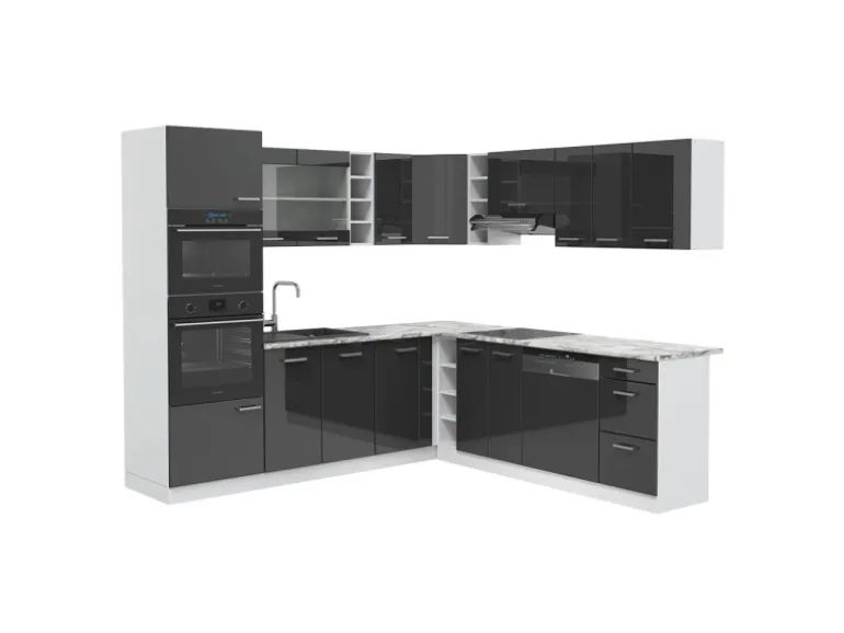 Vicco R-Line Eckküche Anthrazit Hochglanz/Weiß 237 x 60 cm AP Marmor ohne E-Geräte