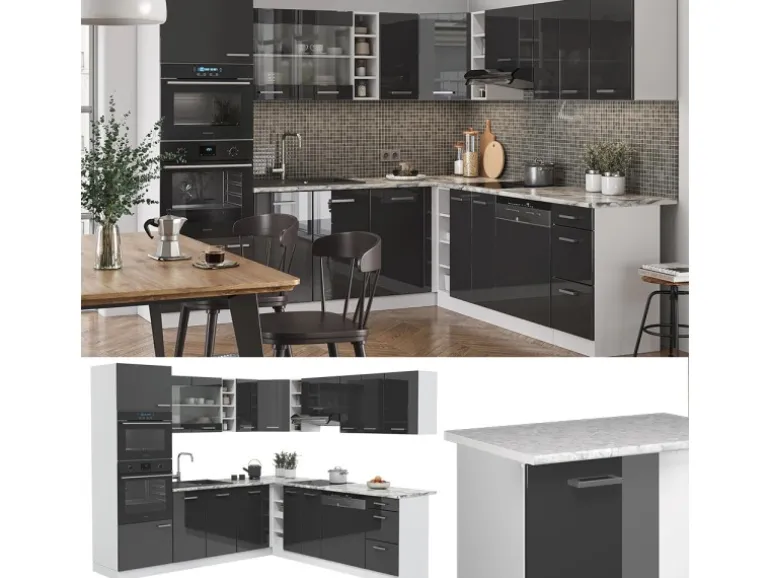 Vicco R-Line Eckküche Anthrazit Hochglanz/Weiß 237 x 60 cm AP Marmor ohne E-Geräte