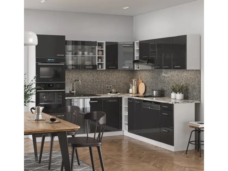 Vicco R-Line Eckküche Anthrazit Hochglanz/Weiß 237 x 60 cm AP Marmor ohne E-Geräte