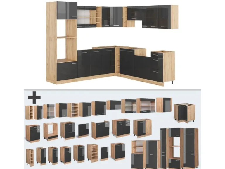 Vicco R-Line Eckküche Anthrazit Hochglanz/Goldkraft Eiche 237 x 247 cm AP Eiche ohne E-Geräte