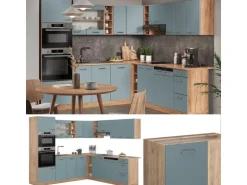 Vicco R-Line Eckküche Blau-Grau/Goldkraft Eiche 237 x 247 cm AP Eiche ohne E-Geräte