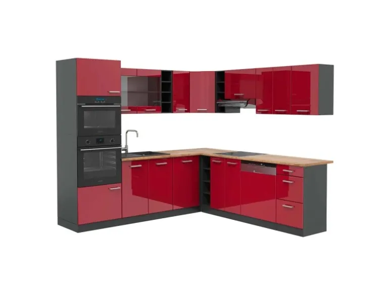 Vicco R-Line Eckküche Bordeaux Hochglanz/Anthrazit 237 x 247 cm AP Eiche ohne E-Geräte