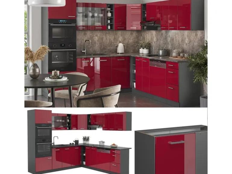 Vicco R-Line Eckküche Bordeaux Hochglanz/Anthrazit 237 x 247 cm AP Eiche ohne E-Geräte