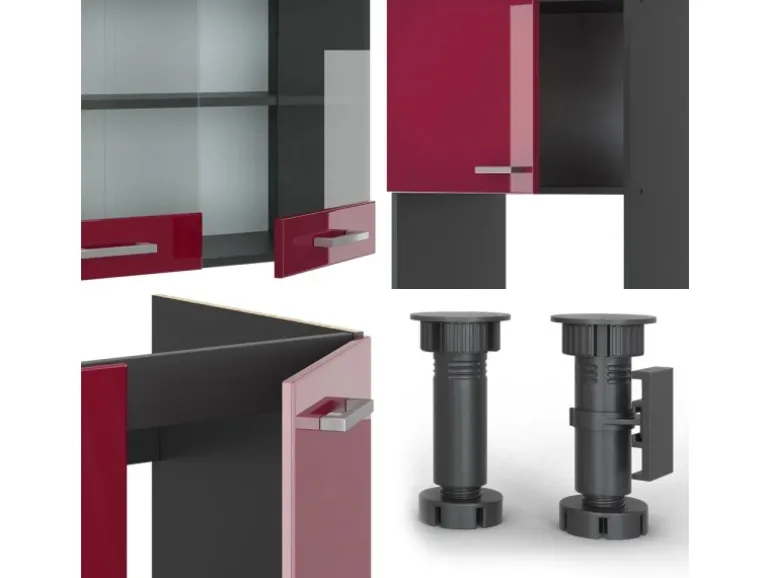 Vicco R-Line Eckküche Bordeaux Hochglanz/Anthrazit 237 x 247 cm AP Eiche ohne E-Geräte