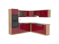 Vicco R-Line Eckküche Bordeaux Hochglanz/Goldkraft Eiche 237 x 247 cm AP Eiche ohne E-Geräte