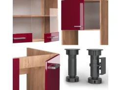 Vicco R-Line Eckküche Bordeaux Hochglanz/Goldkraft Eiche 237 x 247 cm AP Eiche ohne E-Geräte