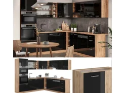 Vicco R-Line Eckküche Schwarz Hochglanz/Goldkraft Eiche 237 x 247 cm AP Marmor ohne E-Geräte
