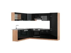 Vicco R-Line Eckküche Schwarz Hochglanz/Goldkraft Eiche 227 x 287 cm AP Marmor ohne E-Geräte