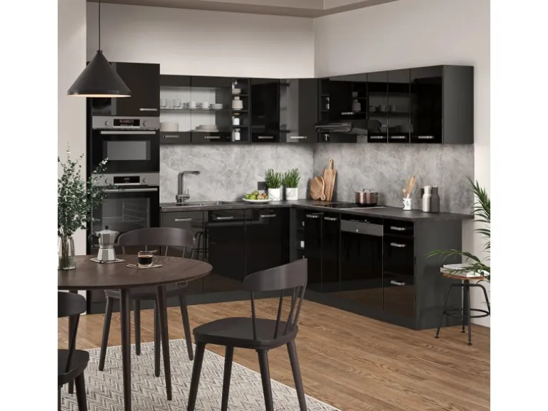 Vicco R-Line Eckküche Schwarz Hochglanz/Anthrazit 237 x 247 cm AP Marmor ohne E-Geräte