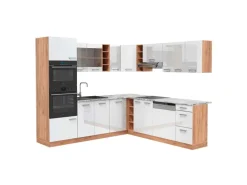 Vicco R-Line Eckküche Weiß Hochglanz/Goldkraft Eiche 237 x 247 cm AP Marmor ohne E-Geräte