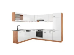 Vicco R-Line Eckküche Weiß Hochglanz/Goldkraft Eiche 227 x 287 cm AP Marmor ohne E-Geräte