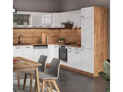 Vicco R-Line Eckküche Weiß Hochglanz/Goldkraft Eiche 227 x 287 cm AP Marmor ohne E-Geräte