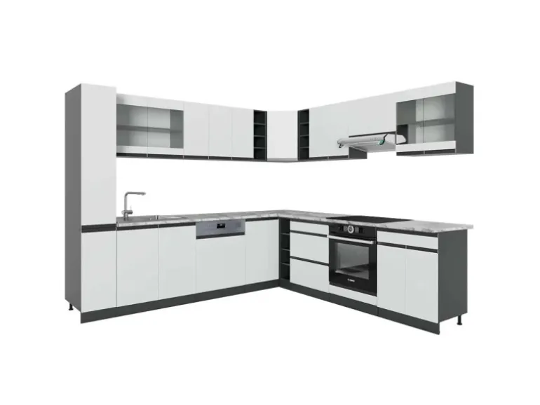 Vicco R-Line Eckküche Weiß/Anthrazit 257 x 277 cm J-ShapeAP Marmor ohne E-Geräte