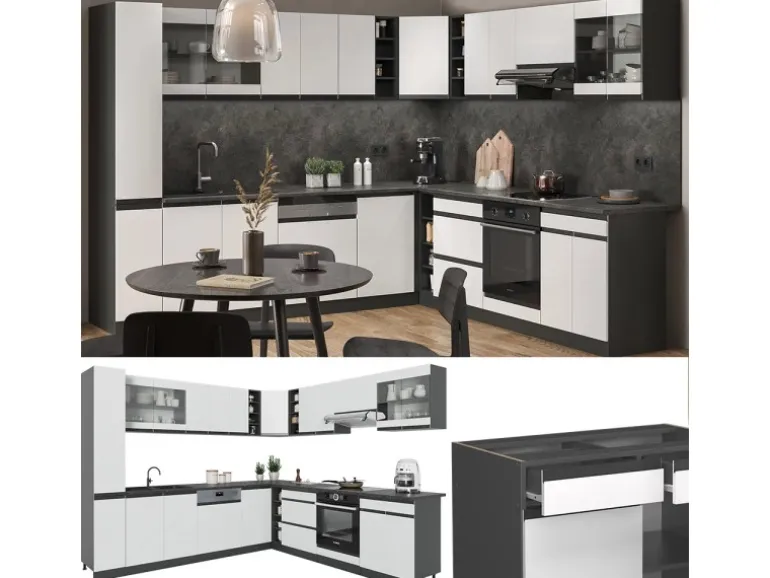 Vicco R-Line Eckküche Weiß/Anthrazit 257 x 277 cm J-ShapeAP Marmor ohne E-Geräte