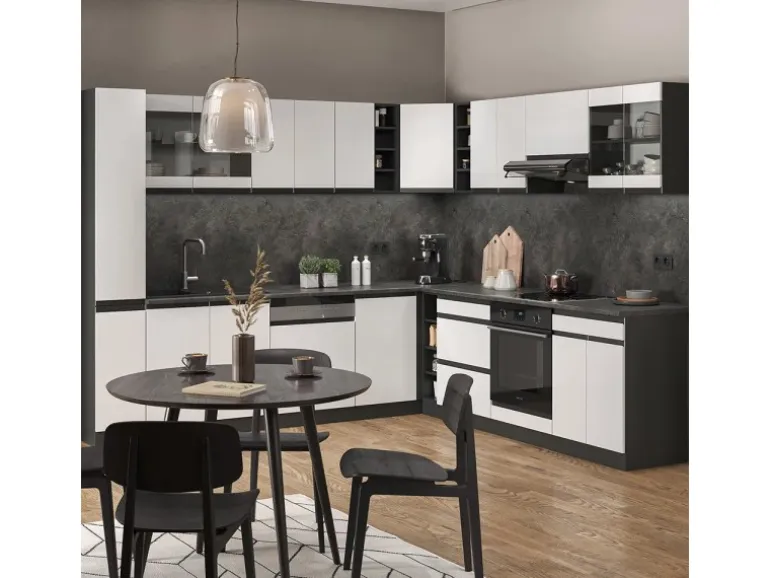 Vicco R-Line Eckküche Weiß/Anthrazit 257 x 277 cm J-ShapeAP Marmor ohne E-Geräte