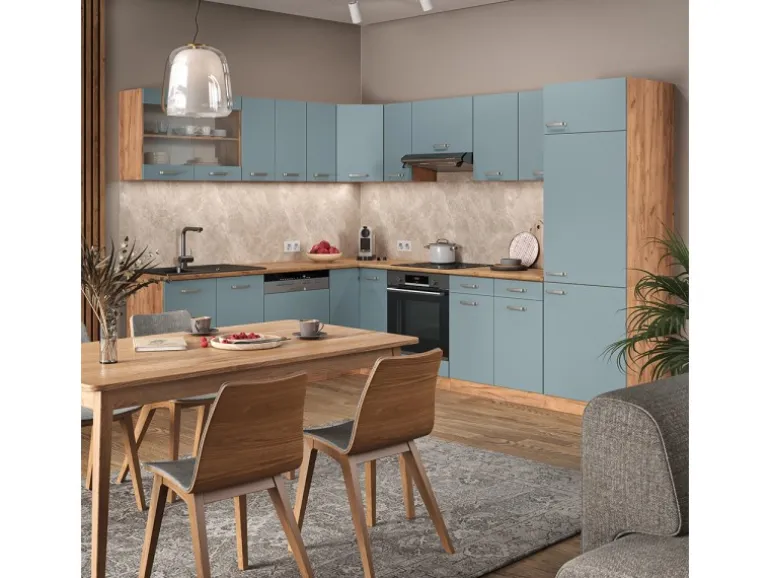 Vicco R-Line Einbauküche Blau-Grau/Goldkraft Eiche 227 x 287 cm ohne Arbeitsplatte ohne E-Geräte