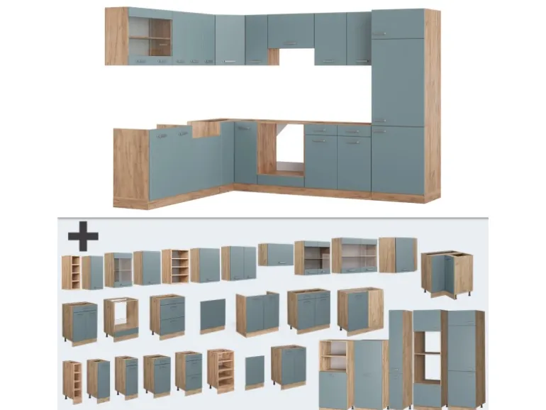 Vicco R-Line Einbauküche Blau-Grau/Goldkraft Eiche 227 x 287 cm ohne Arbeitsplatte ohne E-Geräte