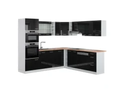 Vicco R-Line Einbauküche in L-Form Schwarz Hochglanz/Weiß 237 x 247 cm AP Eiche ohne E-Geräte