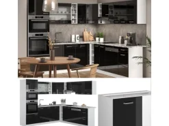 Vicco R-Line Einbauküche in L-Form Schwarz Hochglanz/Weiß 237 x 247 cm AP Eiche ohne E-Geräte