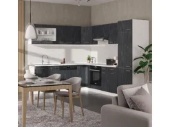 Vicco R-Line Einbauküche in L-Form Schwarz Beton/Weiß 227 x 287 cm AP Marmor ohne E-Geräte