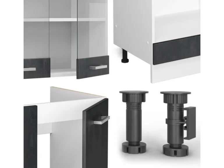 Vicco R-Line Einbauküche in L-Form Schwarz Beton/Weiß 227 x 287 cm AP Marmor ohne E-Geräte