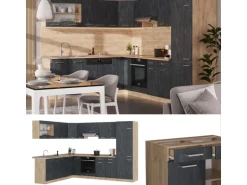 Vicco R-Line Einbauküche in L-Form Schwarz Beton/Goldkraft Eiche 227 x 287 cm AP Eiche ohne E-Geräte