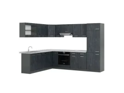 Vicco R-Line Einbauküche in L-Form Schwarz Beton/Anthrazit 227 x 287 cm AP Marmor ohne E-Geräte