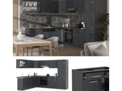 Vicco R-Line Einbauküche in L-Form Schwarz Beton/Anthrazit 227 x 287 cm AP Marmor ohne E-Geräte